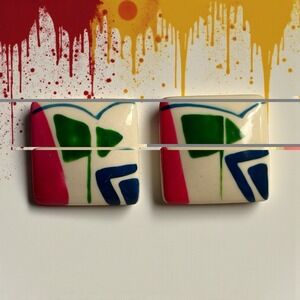 Color Splash Earrings Pop Art 80s Retro Chunky Pierced Square 1" Acrylic Vintage